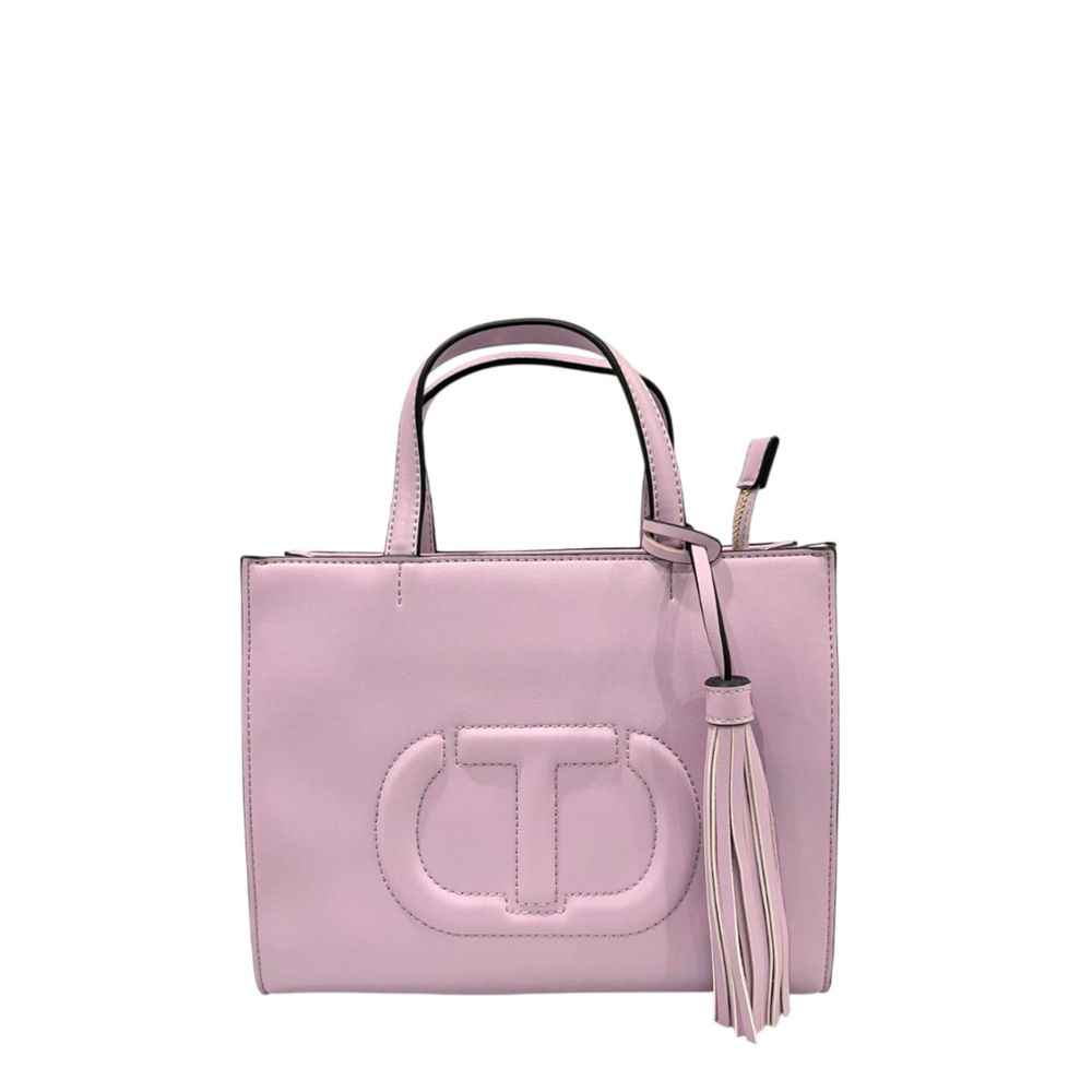 Twinset Multicolor polyethylene shoulder bag, pink tassel detail, front view.