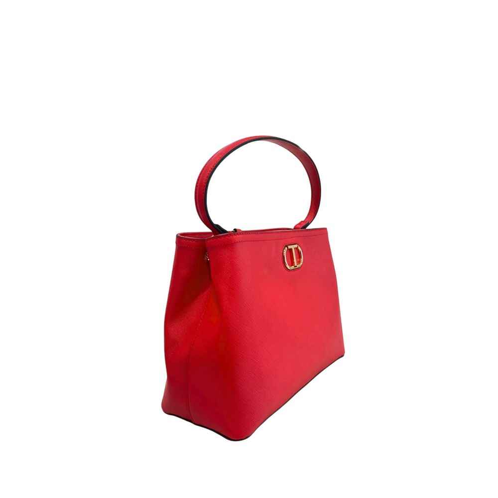 Twinset red leather shoulder bag with gold logo detail, three-quarter view