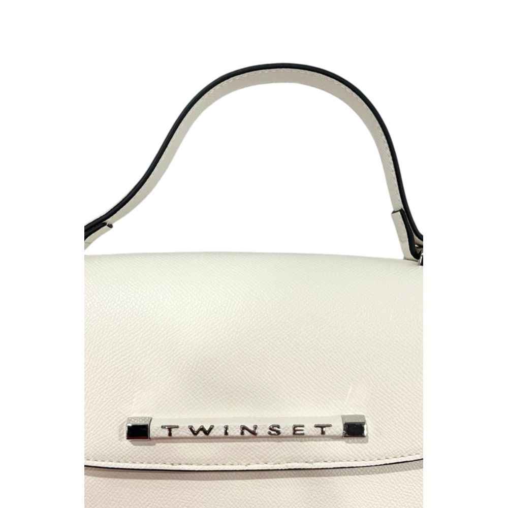 Twinset Mini White Shoulder Bag, pebbled leather, logo plate visible, front view.