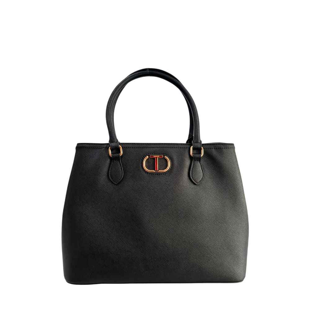Twinset black polyurethane shoulder bag with double top handles, gold-tone logo clasp, front view