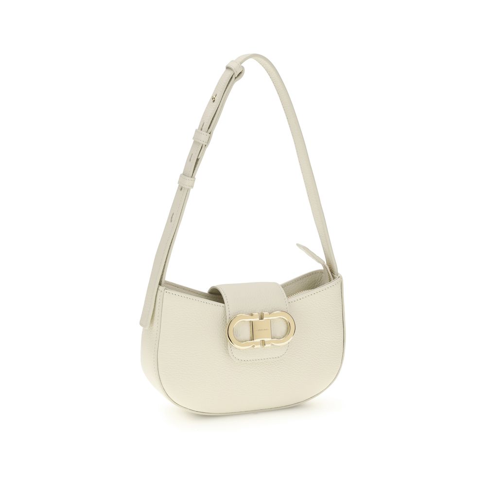 Ferragamo Gancini Flap Shoulder Bag, white pebbled leather, gold-tone clasp, front view