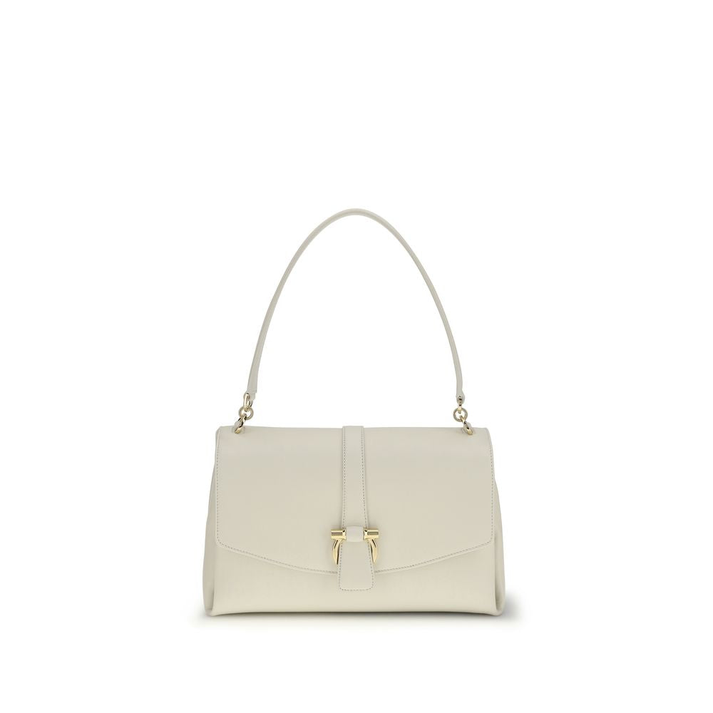 Ferragamo Lily Shoulder Bag, white leather, gold-tone hardware, front view