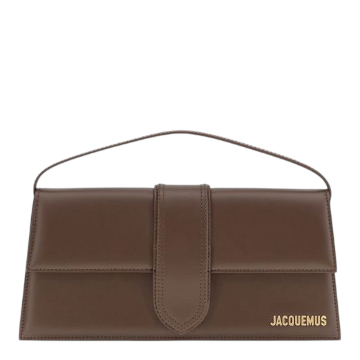 Bolso de hombro XT & Co Jacquemus Le Bambino Long en piel marrón con solapa magnética y detalles en tono dorado.