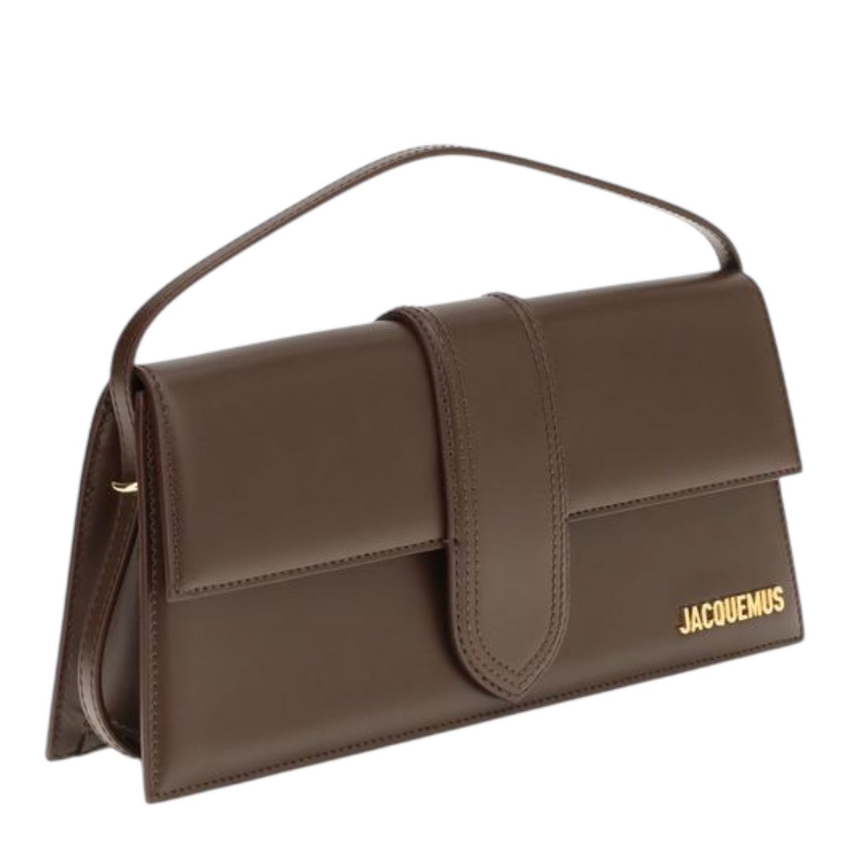 Bolso de hombro XT & Co Jacquemus Le Bambino Long en piel marrón glacé con solapa magnética y detalles dorados.