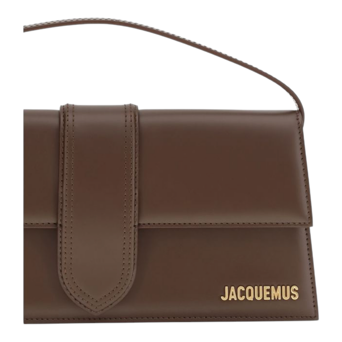 Bolso de hombro XT & Co Jacquemus Le Bambino Long en piel marrón con solapa magnética y logo dorado