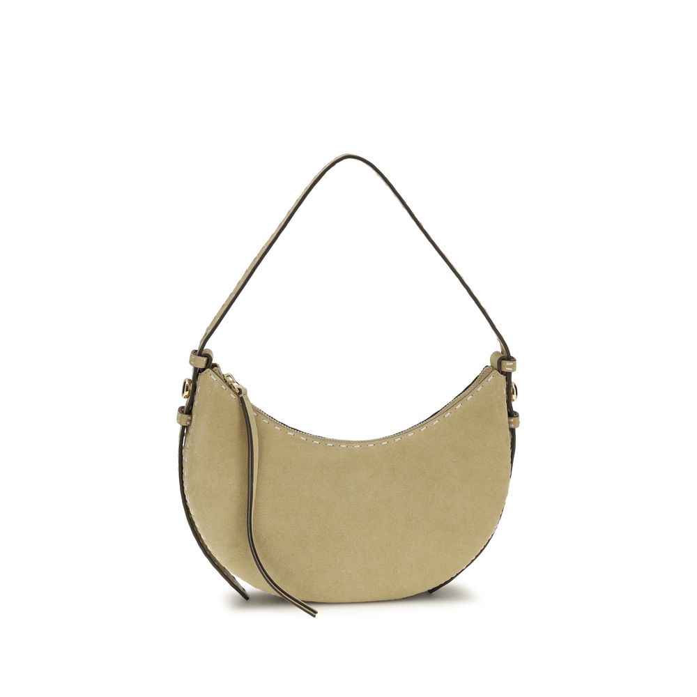 Tory Burch beige suede shoulder bag, half-moon silhouette, front view