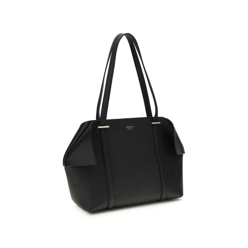 Ferragamo Soft Folded Tote black fluid calfskin, tote bag, three-quarter front view