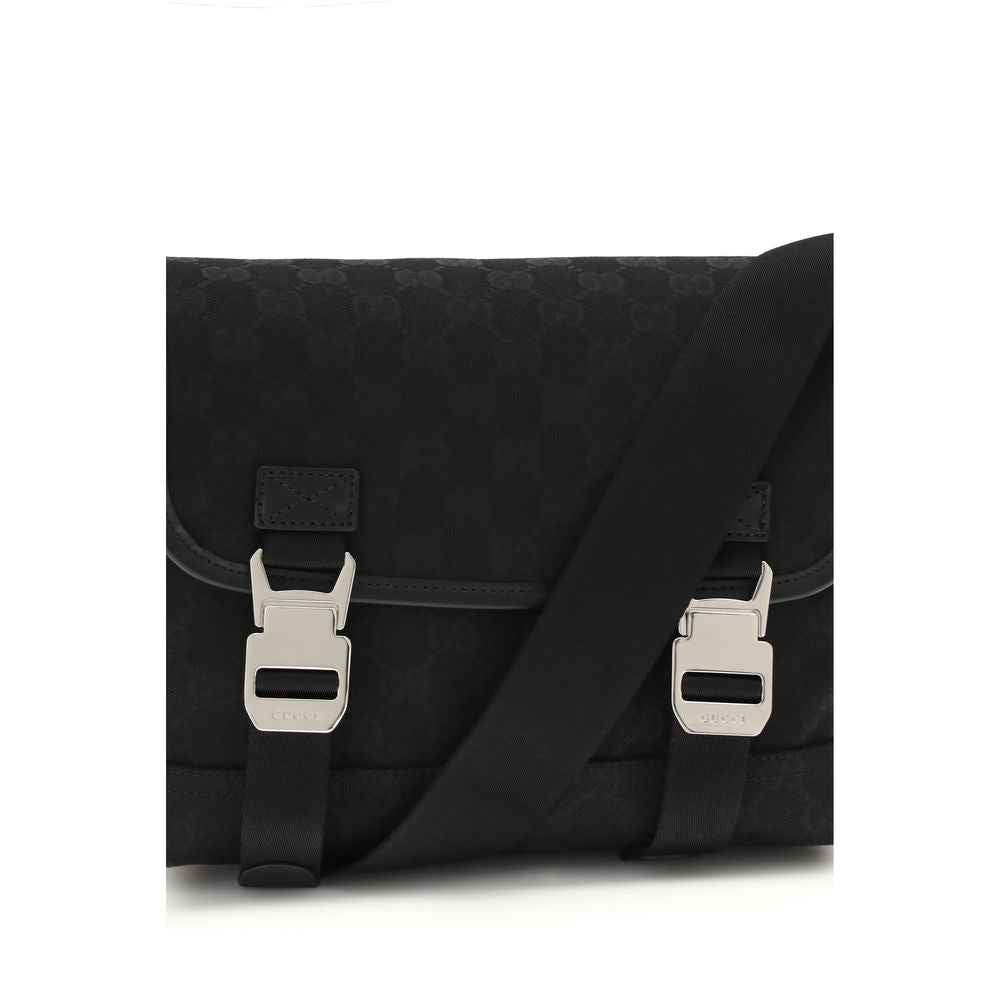 Gucci GG Canvas Small Crossbody Bag, black canvas, silver-tone buckles, front view