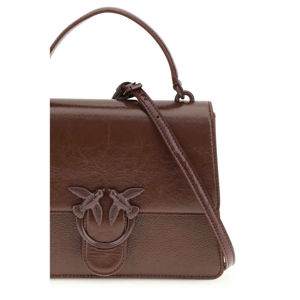PINKO Love One Handbag, brown leather shoulder bag with ring and bird logo, front view