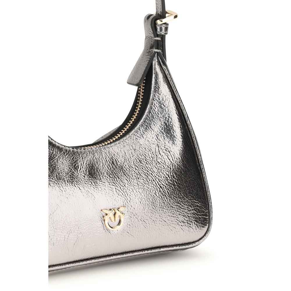 PINKO Baby Miss Pinko shoulder bag, metallic silver leather, crescent shape, logo detail