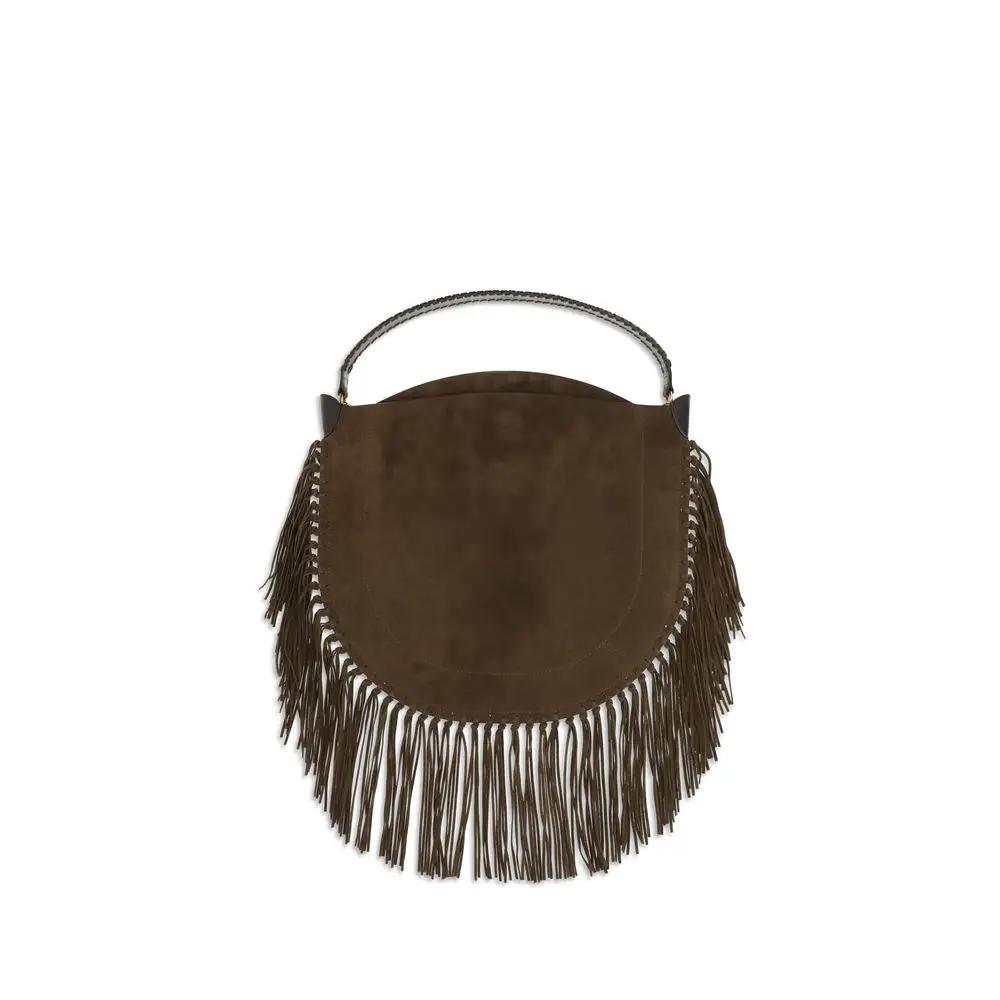 Isabel Marant Bos Taurus calf leather brown shoulder bag with fringe, front view