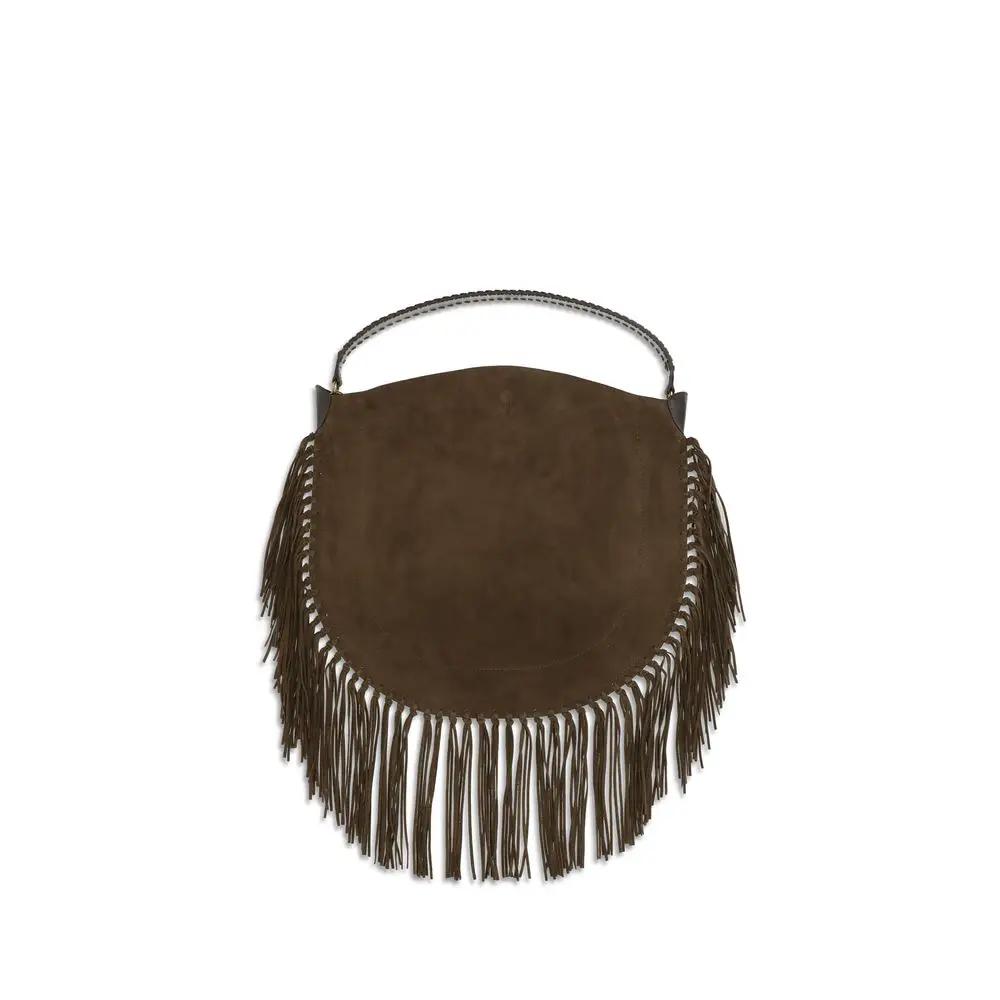Isabel Marant Bos Taurus brown calf leather fringe shoulder bag front view