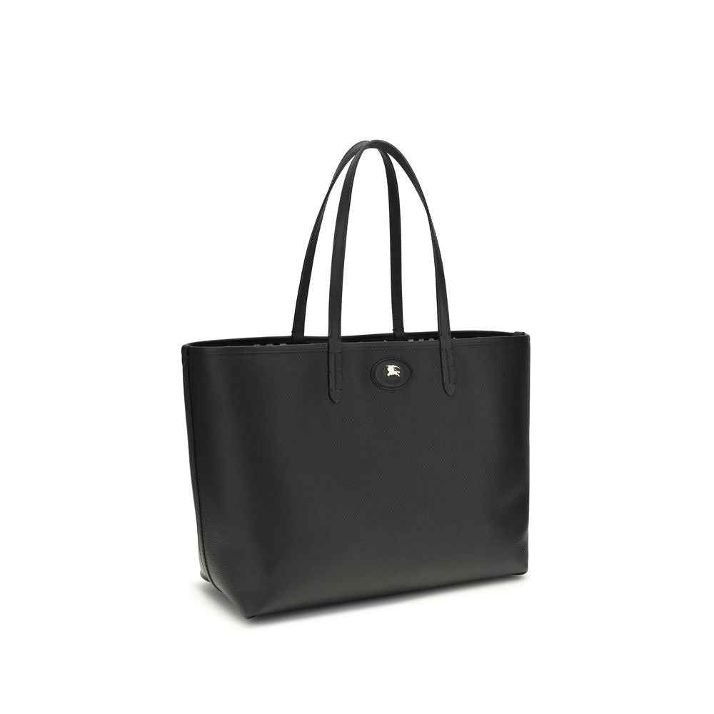 Burberry Medium Reversible Bloomsbury Tote, black leather tote bag with logo plaque, front view