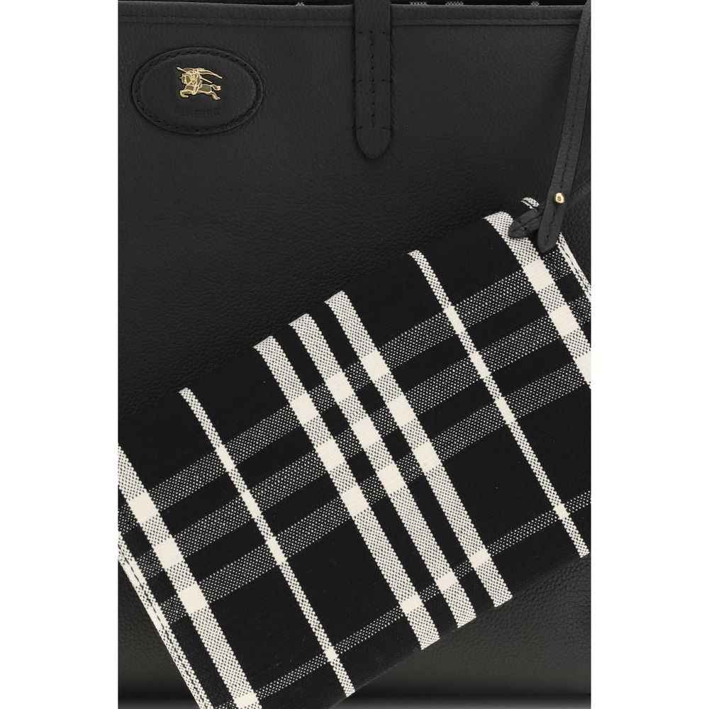 Burberry Medium Reversible Bloomsbury Tote, black leather with plaid detail, front view