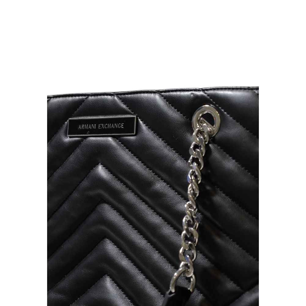 Armani Exchange black quilted chevron tote bag with chain strap, logo detail, front view