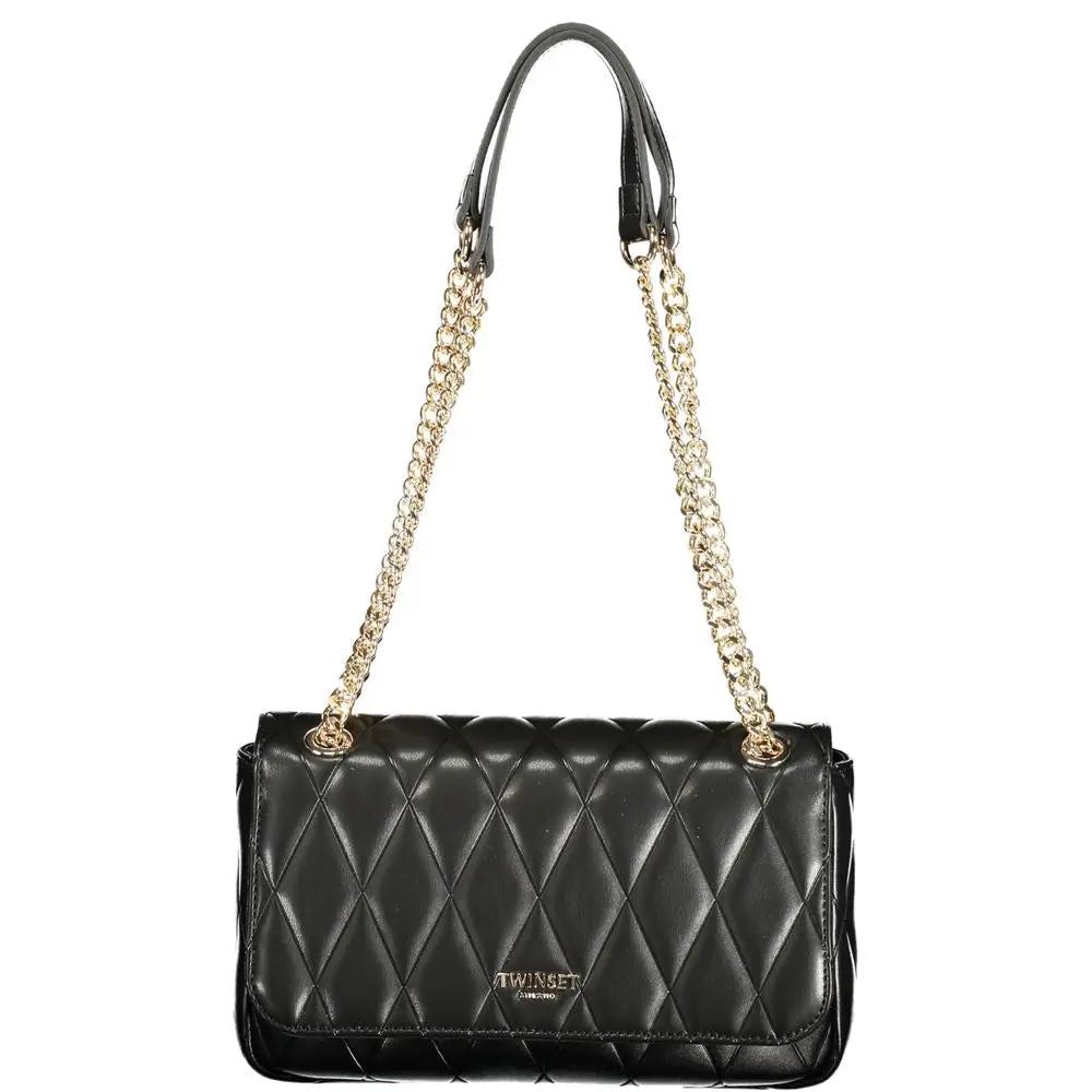 Twinset Black Dual-Chain Leather Shoulder Bag quilted front view