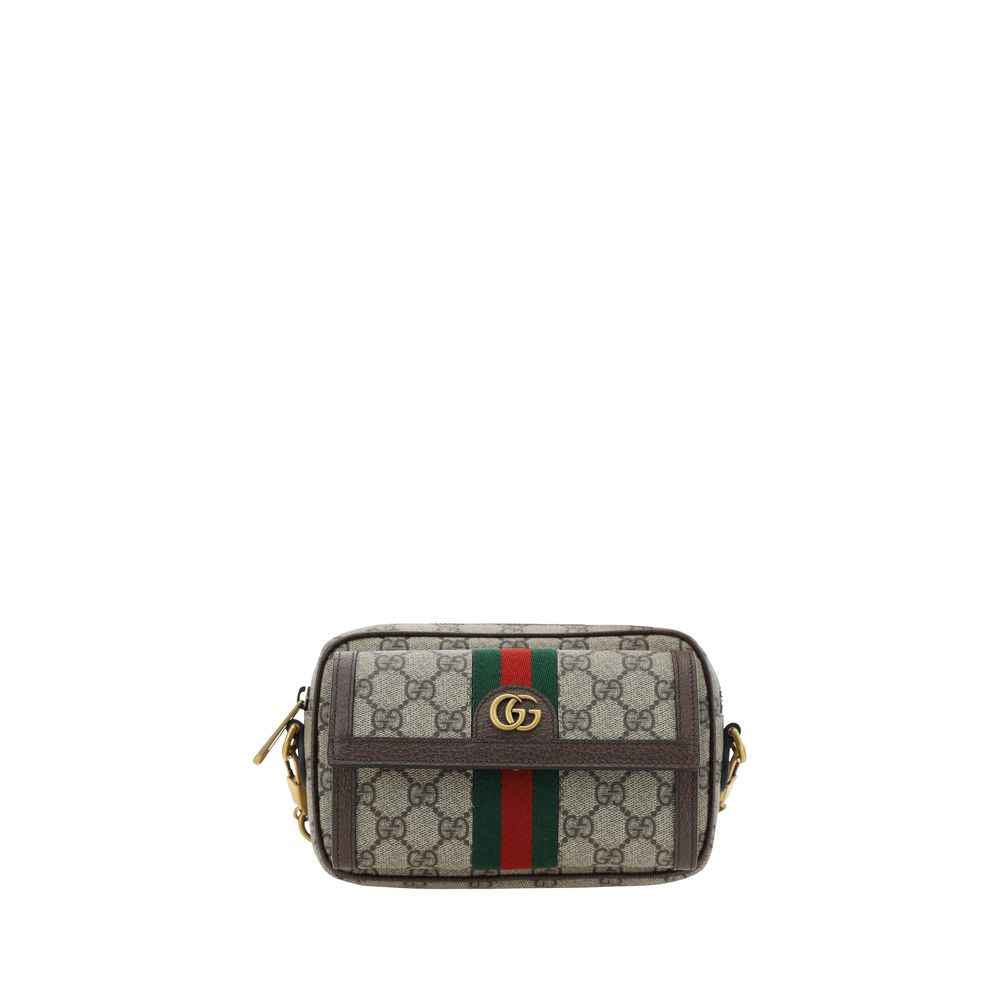 Gucci Ophidia GG Small shoulder bag in beige GG canvas with brown leather trim, front view