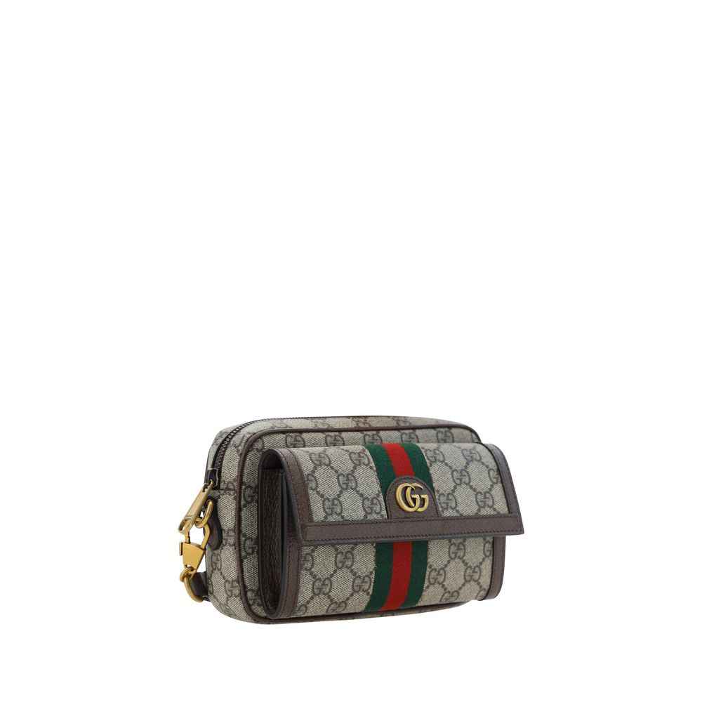 Gucci Ophidia GG Small Shoulder Bag beige GG Supreme canvas with brown leather trim, three-quarter front view