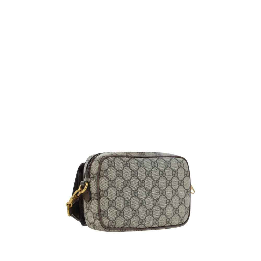 Gucci Ophidia GG Small shoulder bag, beige GG canvas with brown leather trim, gold hardware, front view.