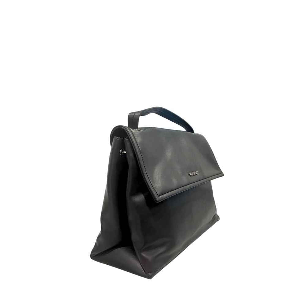Twinset Black PU handbag with front logo plaque, top flap, side view.