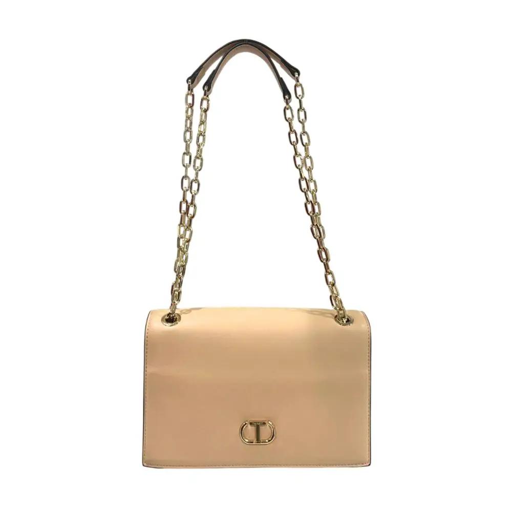 Twinset beige leather crossbody bag with gold-tone chain strap, front view