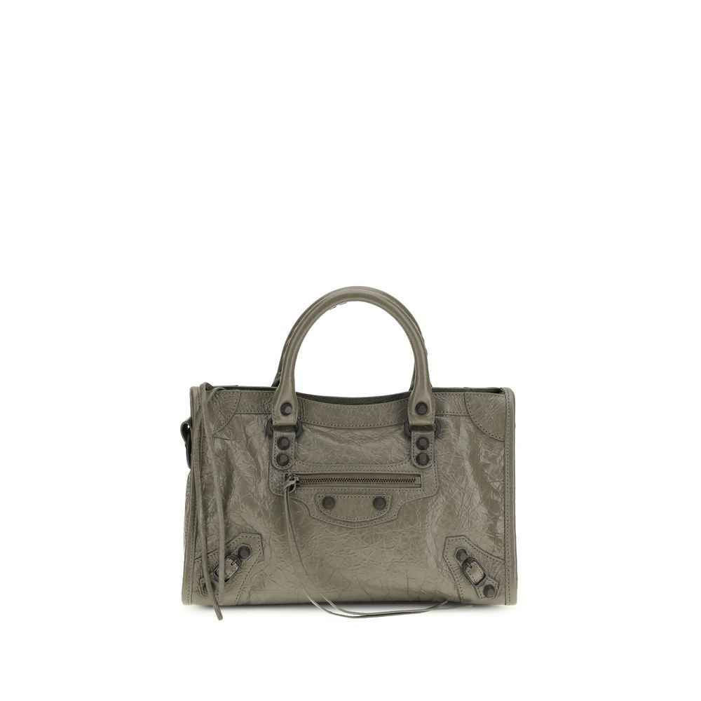 Balenciaga Le City Small, metallic gray leather satchel bag, front view