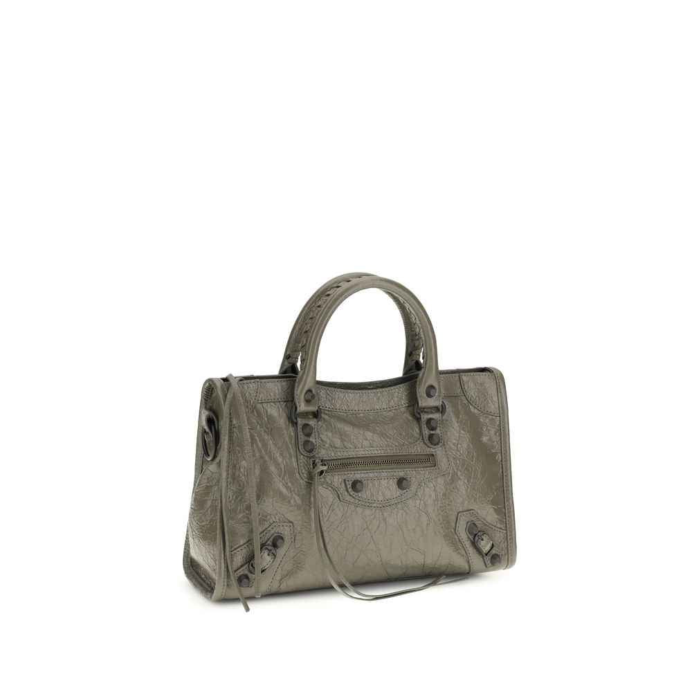 Balenciaga Le City Small gray distressed leather satchel, three-quarter view