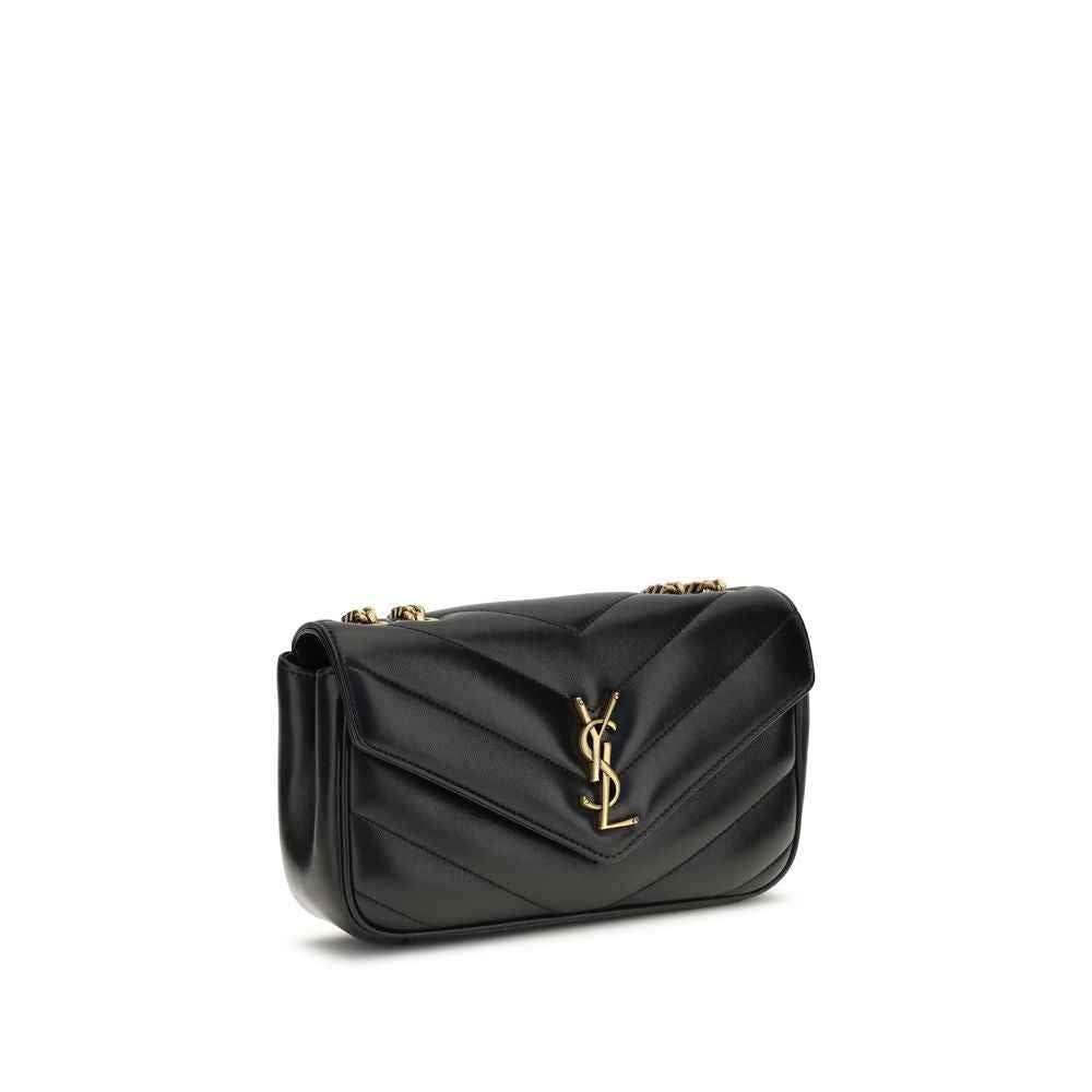 Saint Laurent LouLou small shoulder bag, black leather, gold YSL logo, front view