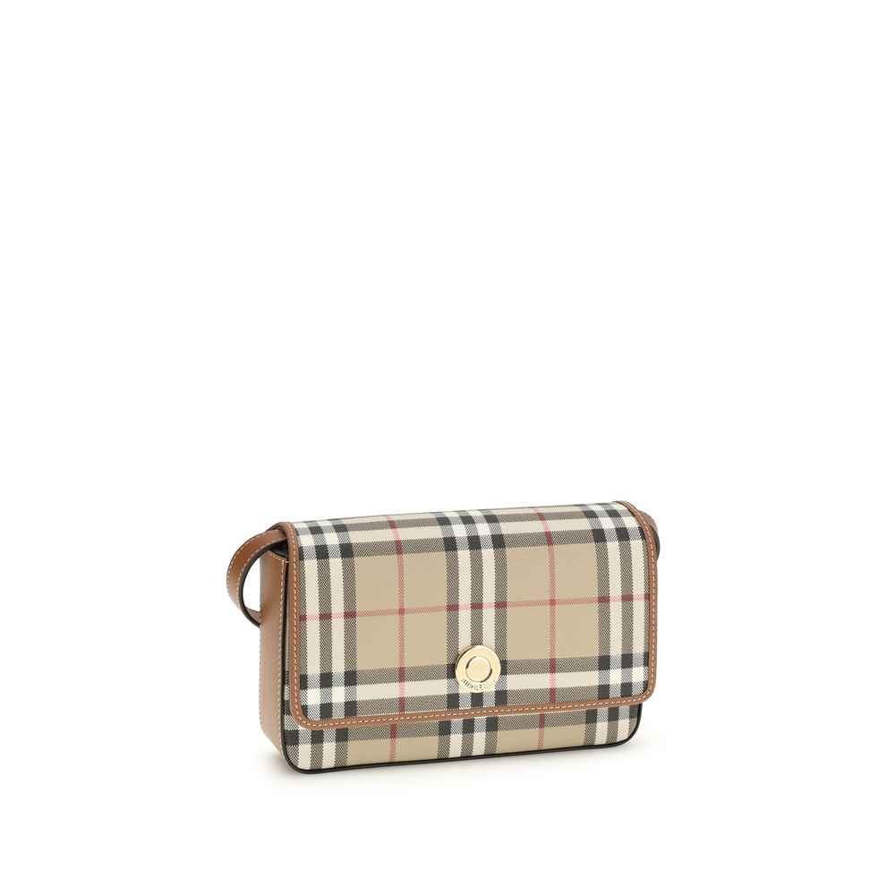 Burberry beige polyurethane shoulder bag, plaid pattern, tan trim, front view