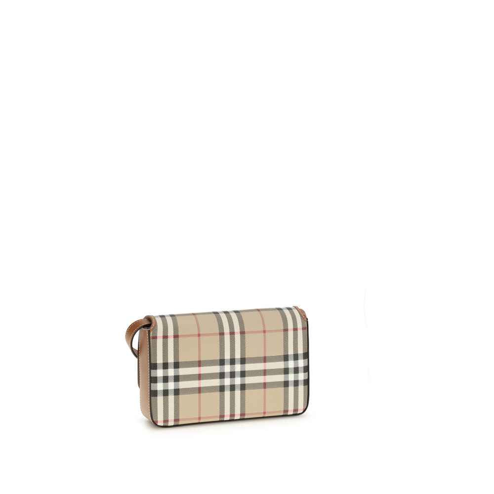 Burberry beige plaid polyurethane shoulder bag with brown leather trim front view