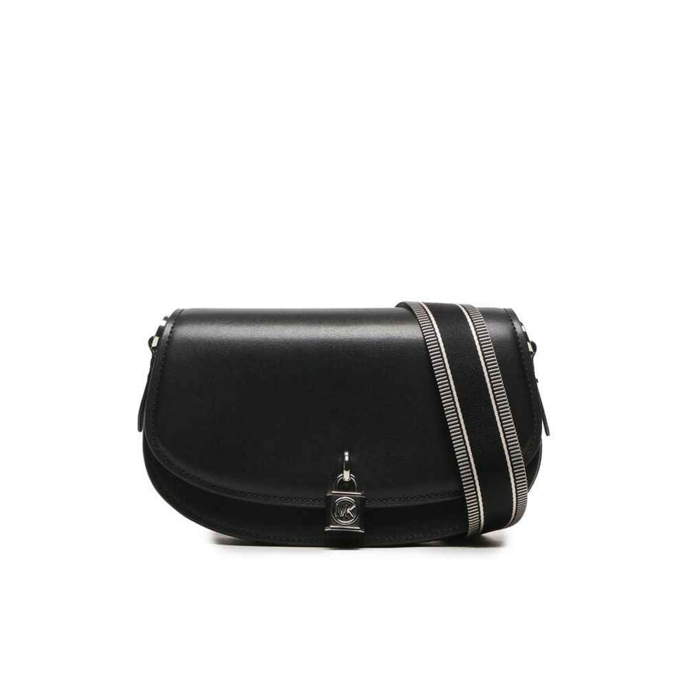 Michael Kors Black Leather Shoulder Bag, structured with wide strap, front view