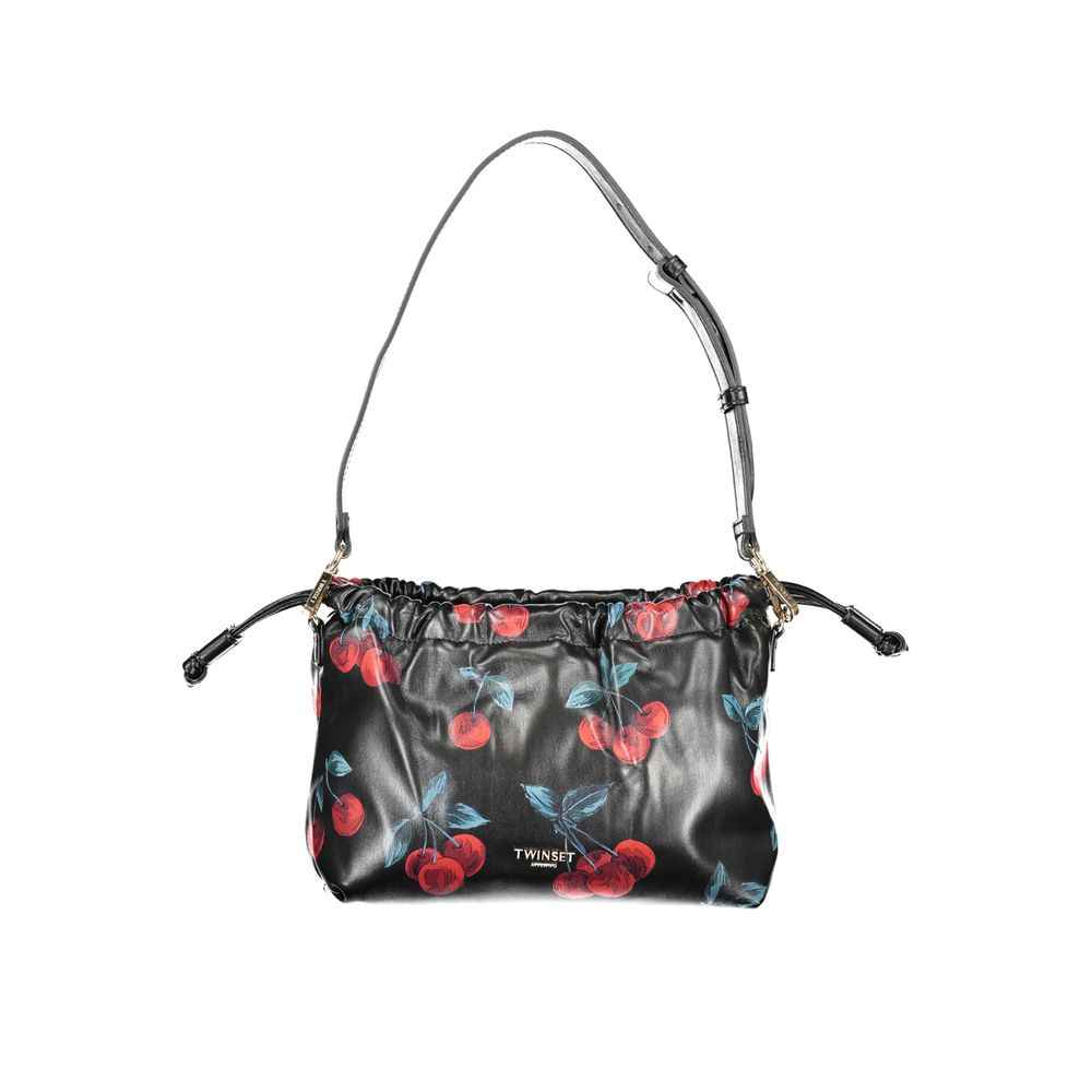 Twinset women's handbag, black polyurethane with cherry print, shoulder bag front view
