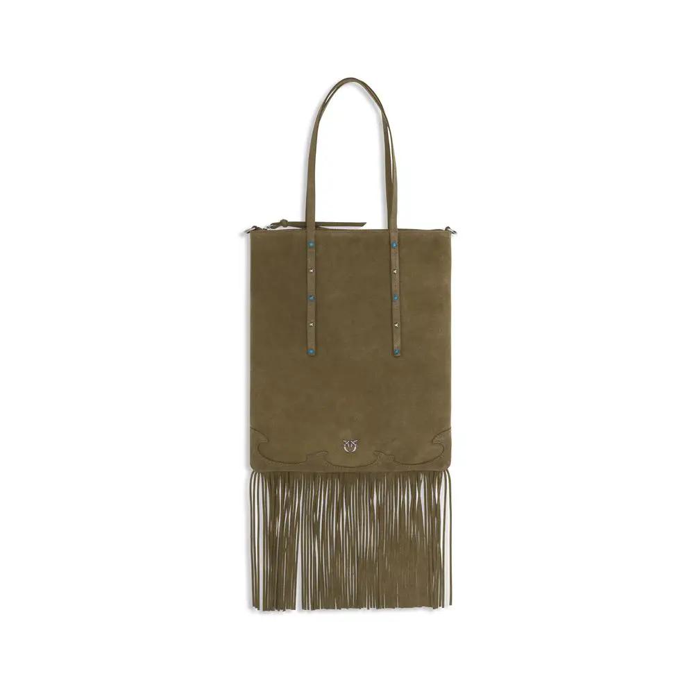 PINKO Bos Taurus calf leather olive shoulder bag with fringe, front view