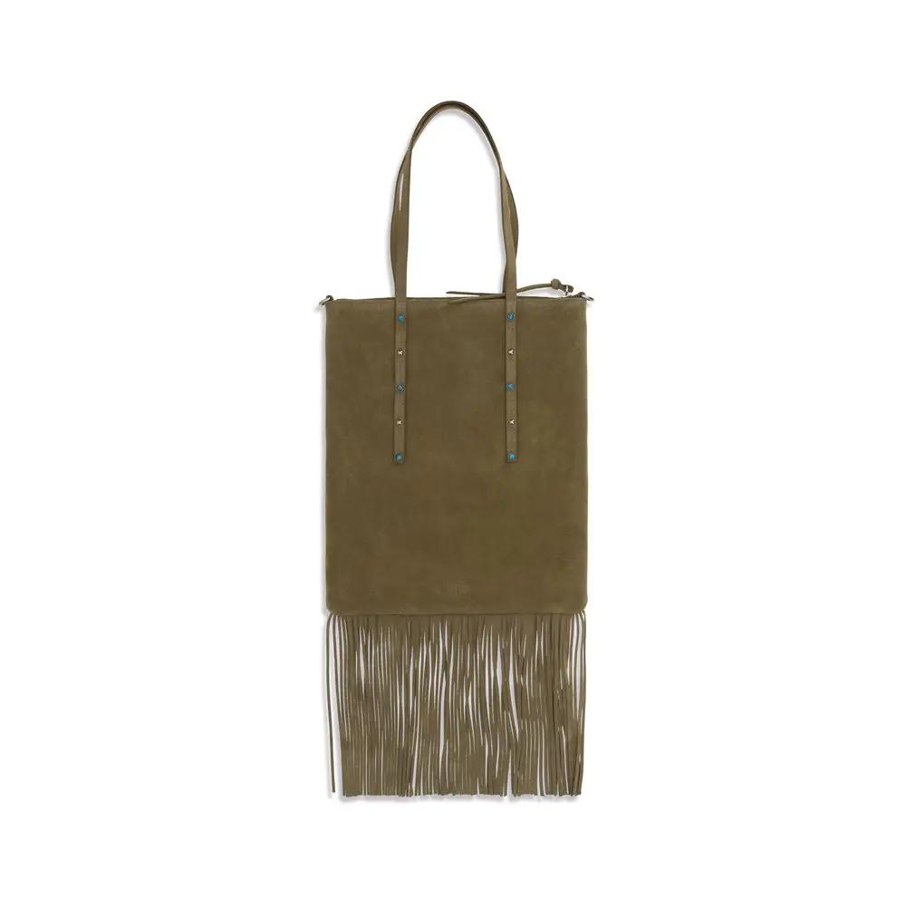 PINKO Bos Taurus Bicolor calf leather shoulder bag with fringe olive-brown front view