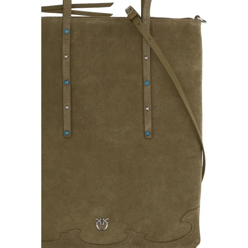 PINKO Bos Taurus shoulder bag, olive calf leather with turquoise studs, front view