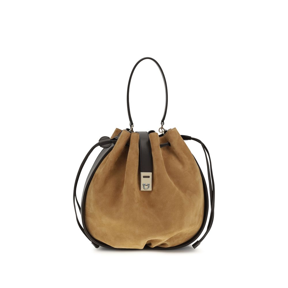 Ferragamo Bos Taurus shoulder bag in brown calf leather, front view.