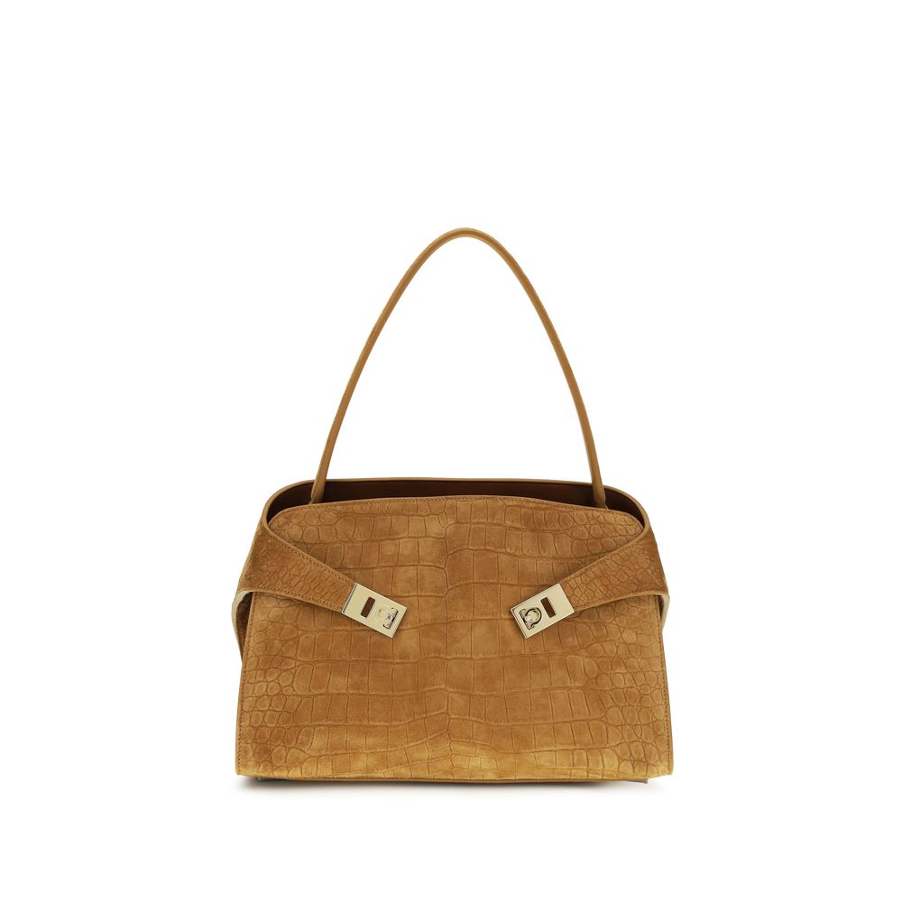 Ferragamo Beige Goatskin Shoulder Bag, crocodile-embossed, front view