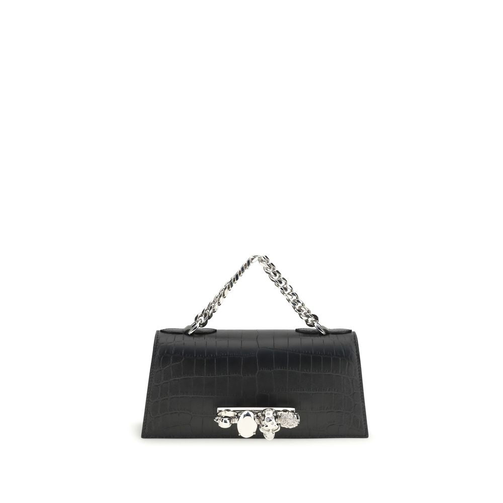 Alexander McQueen Bos Taurus shoulder bag, black calf leather crocodile-embossed, chain strap, front view