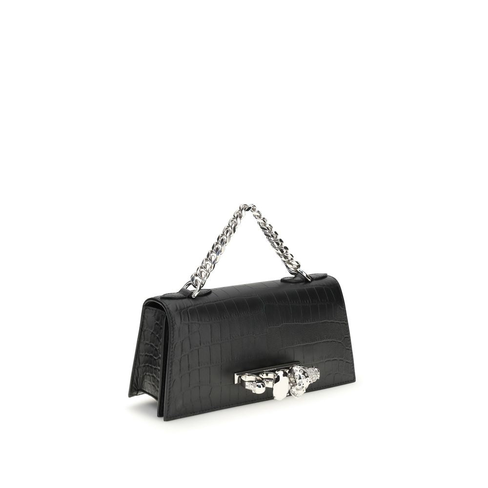 Alexander McQueen Bos Taurus shoulder bag, black calf leather, croc-embossed, front view