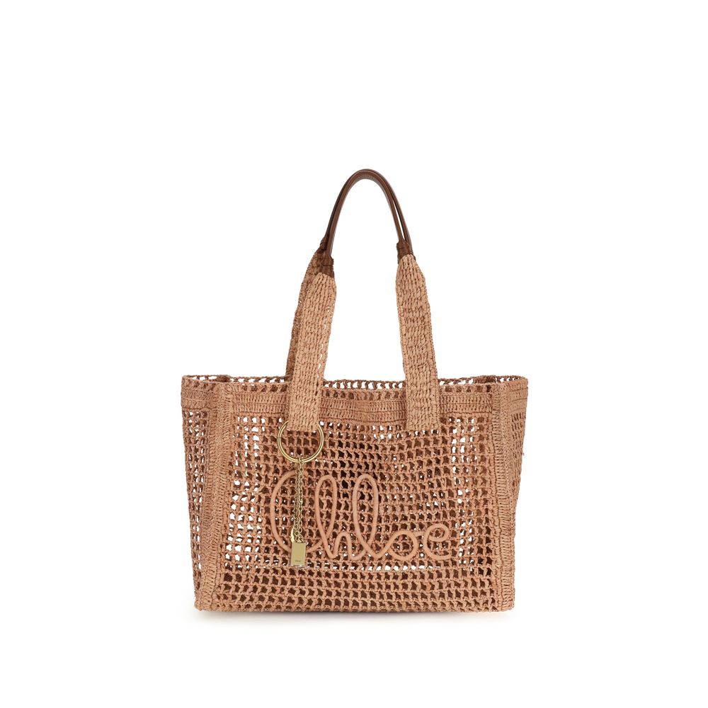 Chloé Beige Raffia Shoulder Bag, raffia material, beige color, shoulder bag, front view.
