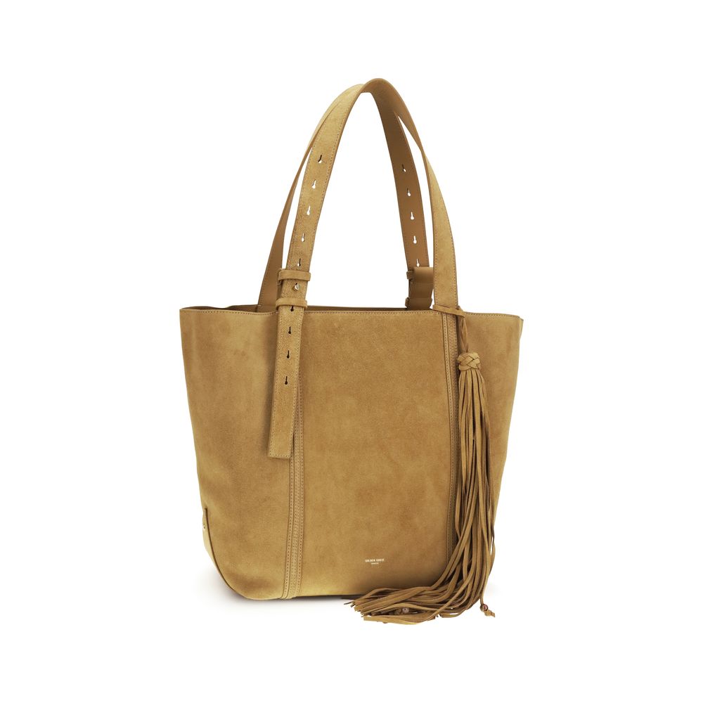 Golden Goose Bos Taurus shoulder bag, beige calf leather, fringe tassel, front view.