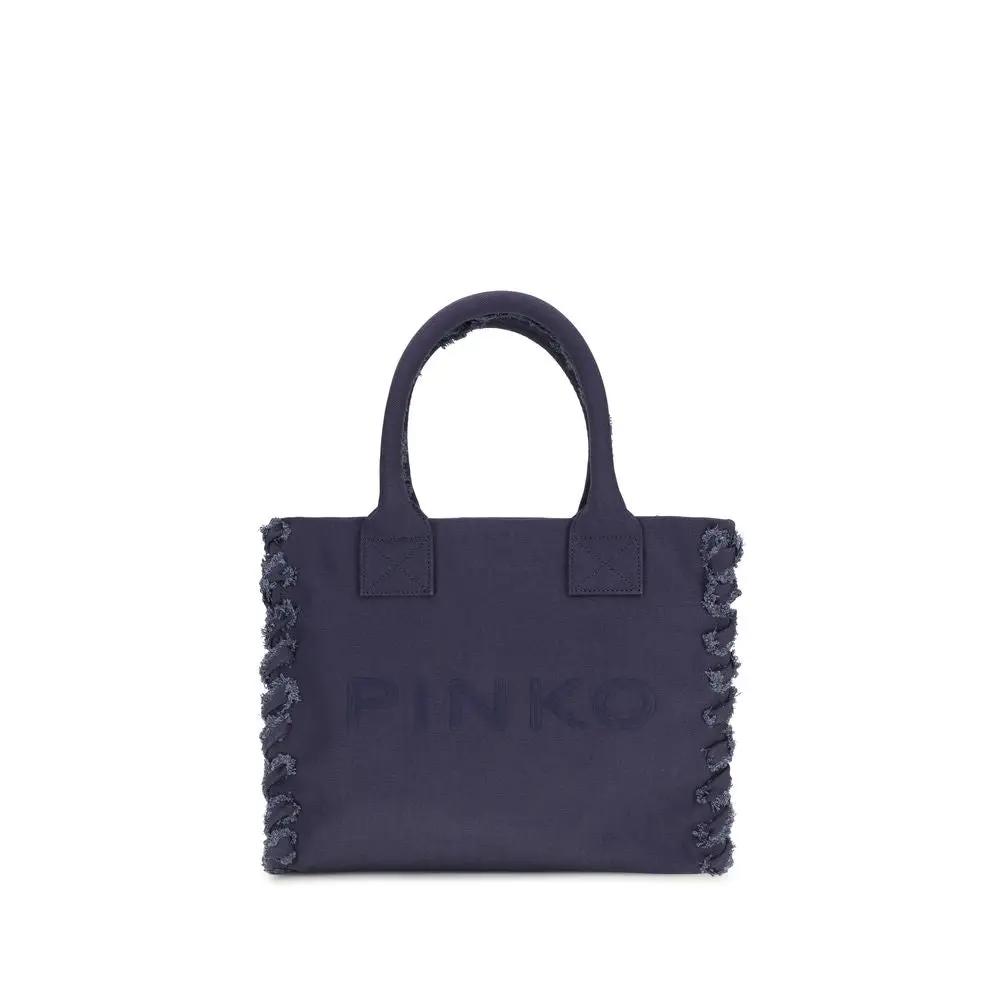 PINKO Blue cotton shoulder bag with frayed side edges, logo visible, front view