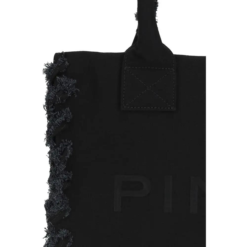 PINKO black cotton shoulder bag, frayed edge trim, front view