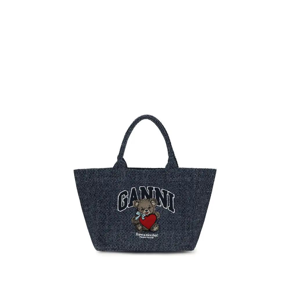 Ganni Blue Cotton Shoulder Bag with bear graphic, front view