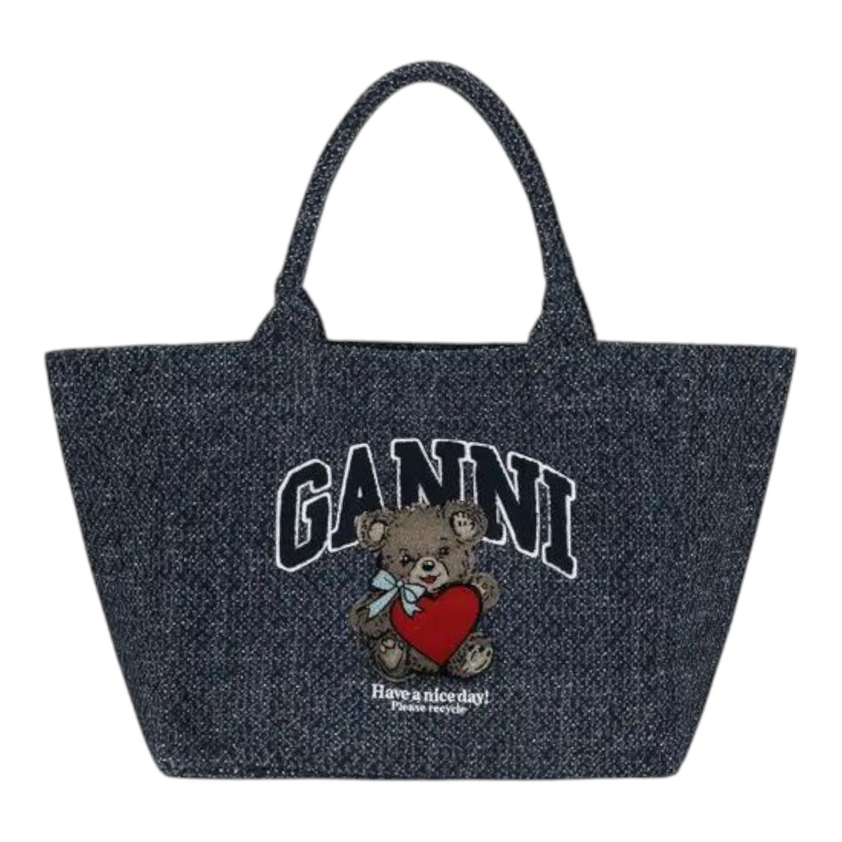 Ganni Blue Cotton Shoulder Bag with bear graphic, front view