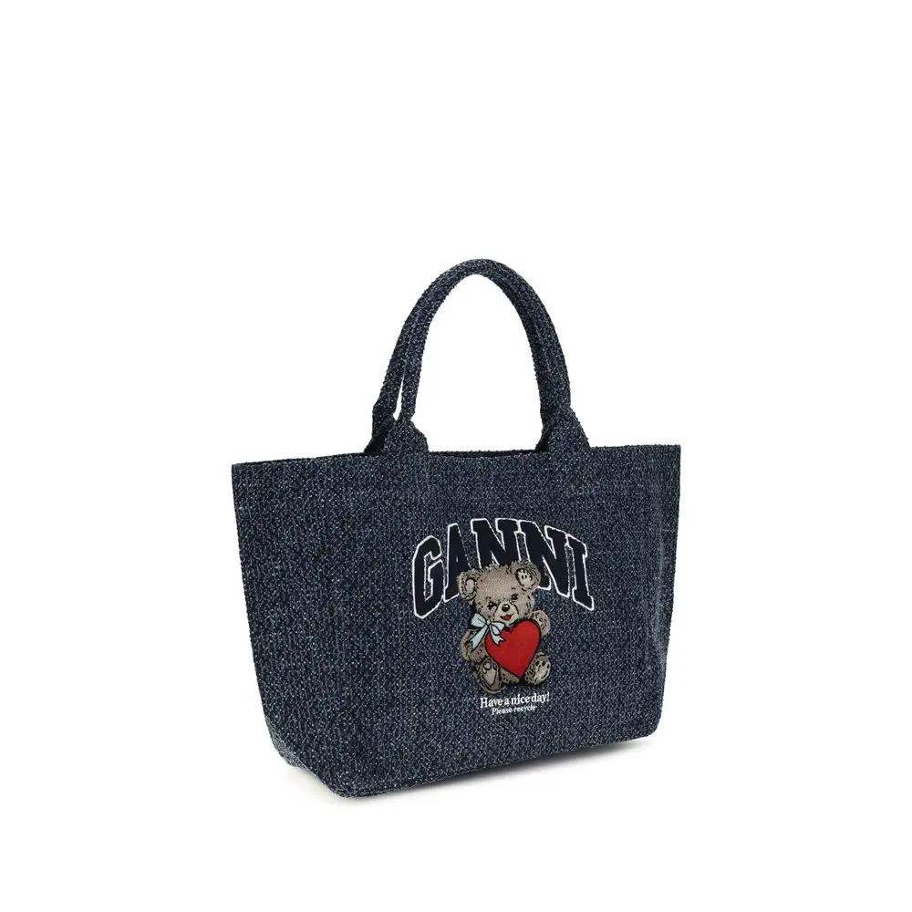 Ganni Blue Cotton Shoulder Bag with teddy bear graphic front view