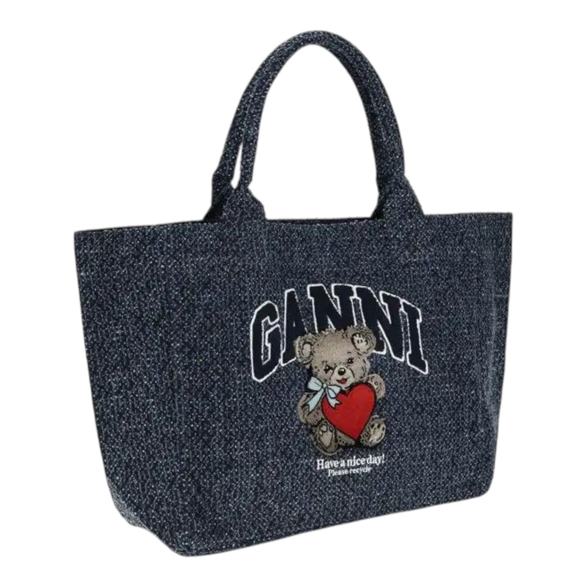 Ganni Blue Cotton Shoulder Bag with teddy bear graphic front view