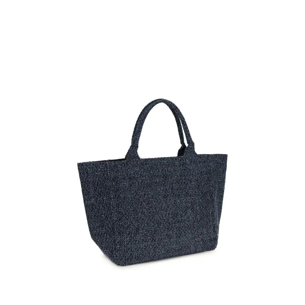Ganni blue cotton shoulder bag with textured fabric, front view