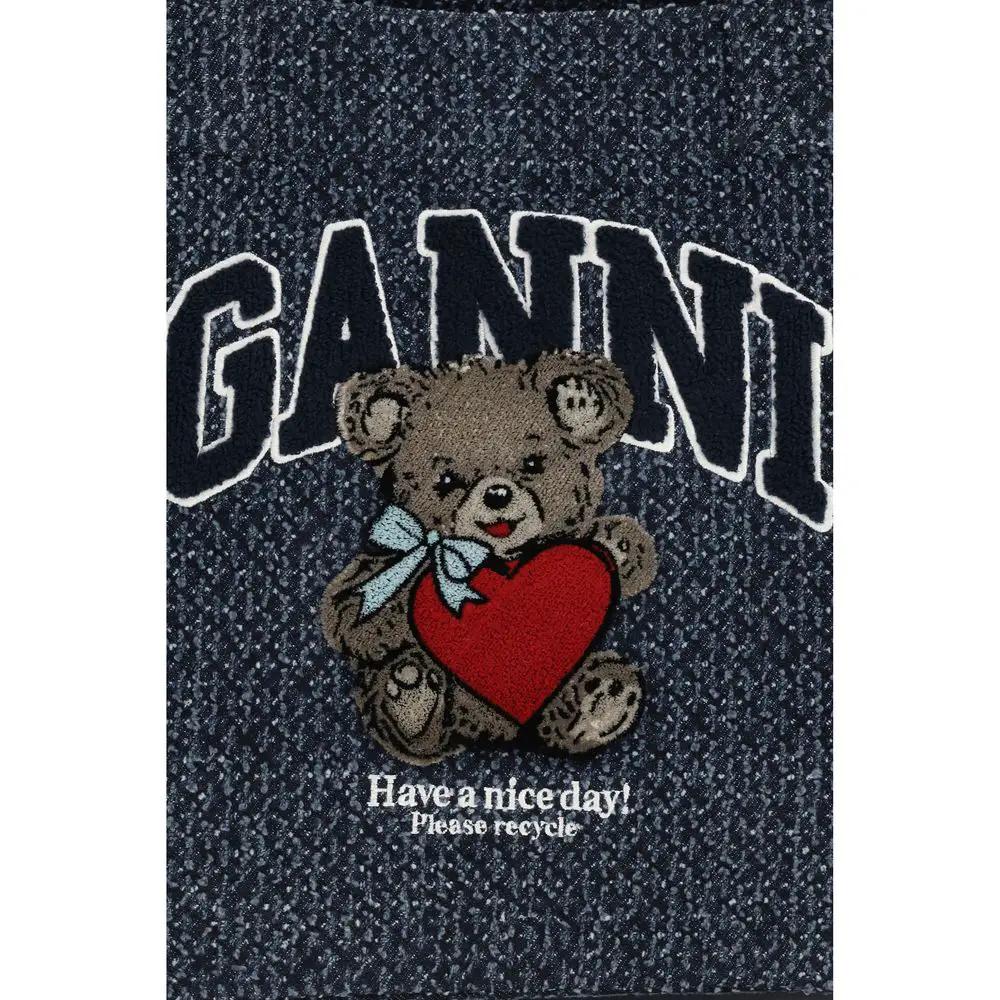 Ganni Blue cotton shoulder bag front view with teddy bear applique logo detail