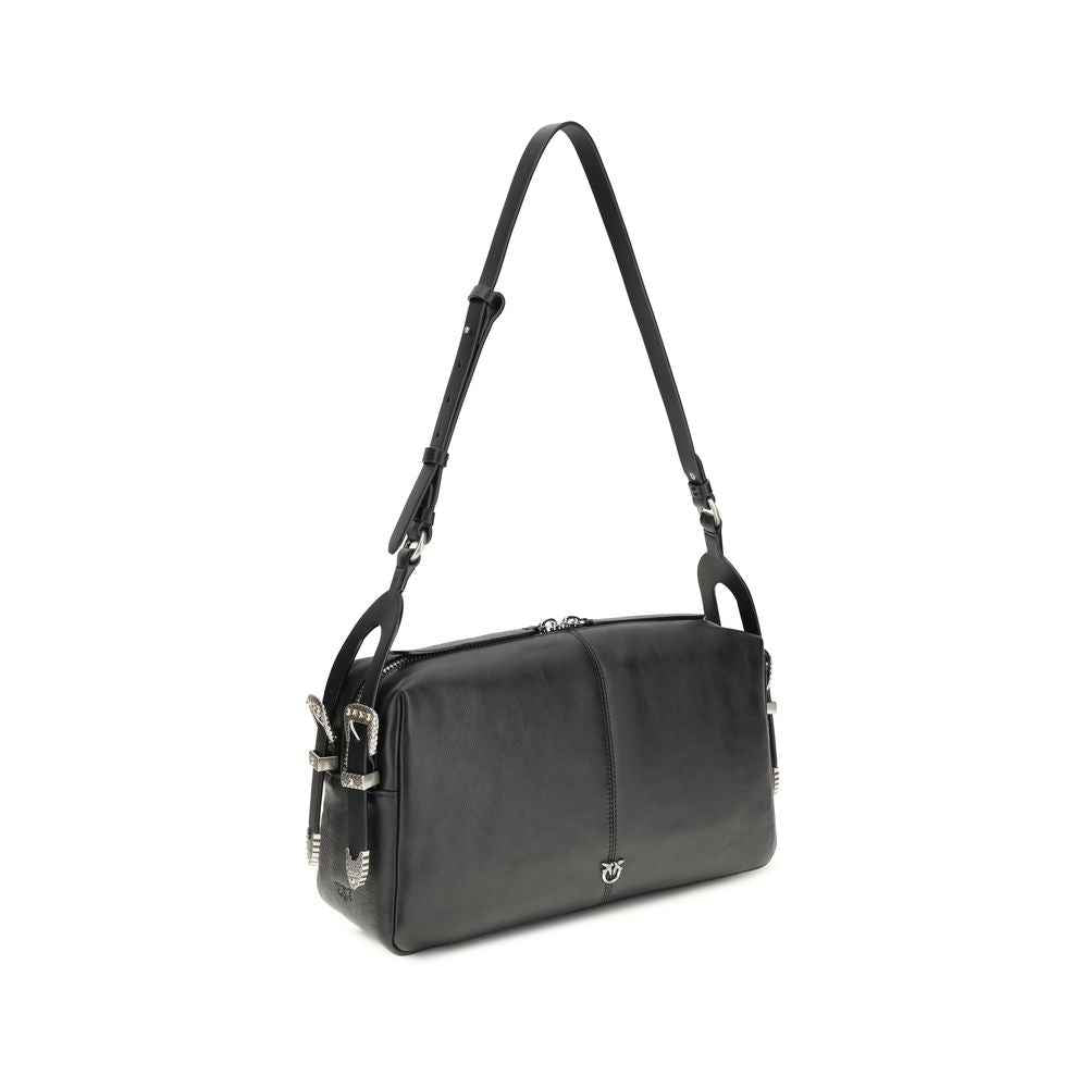 PINKO Bos Taurus shoulder bag, black calf leather, three-quarter front view